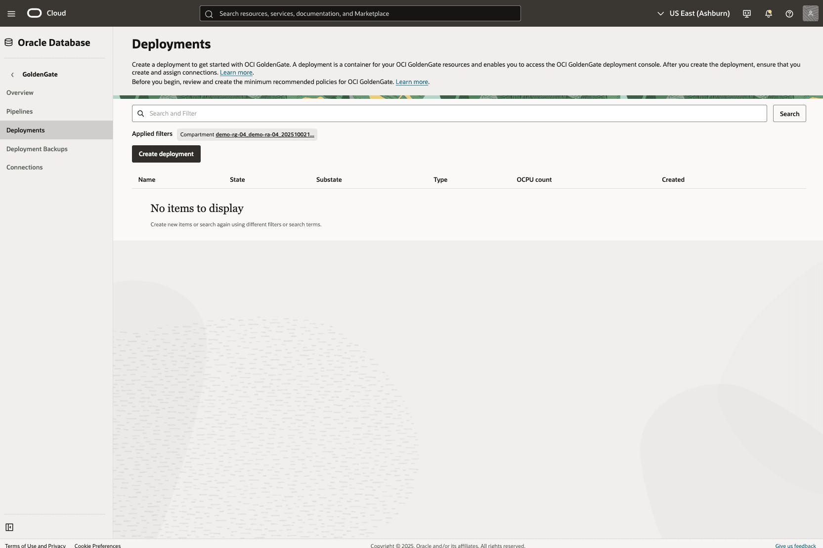 This screenshot shows how to create GoldenGate deployment.
