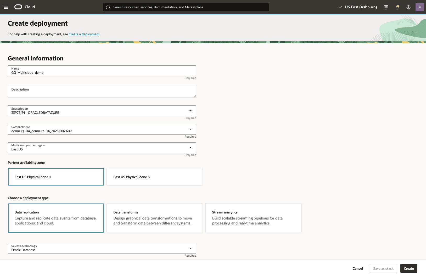 This screenshot shows how to create GoldenGate deployment.