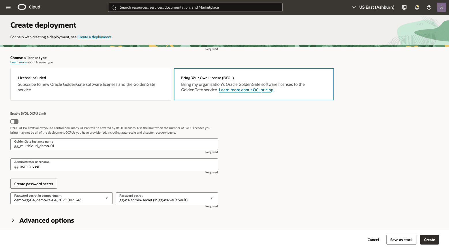 This screenshot shows how to create GoldenGate deployment.