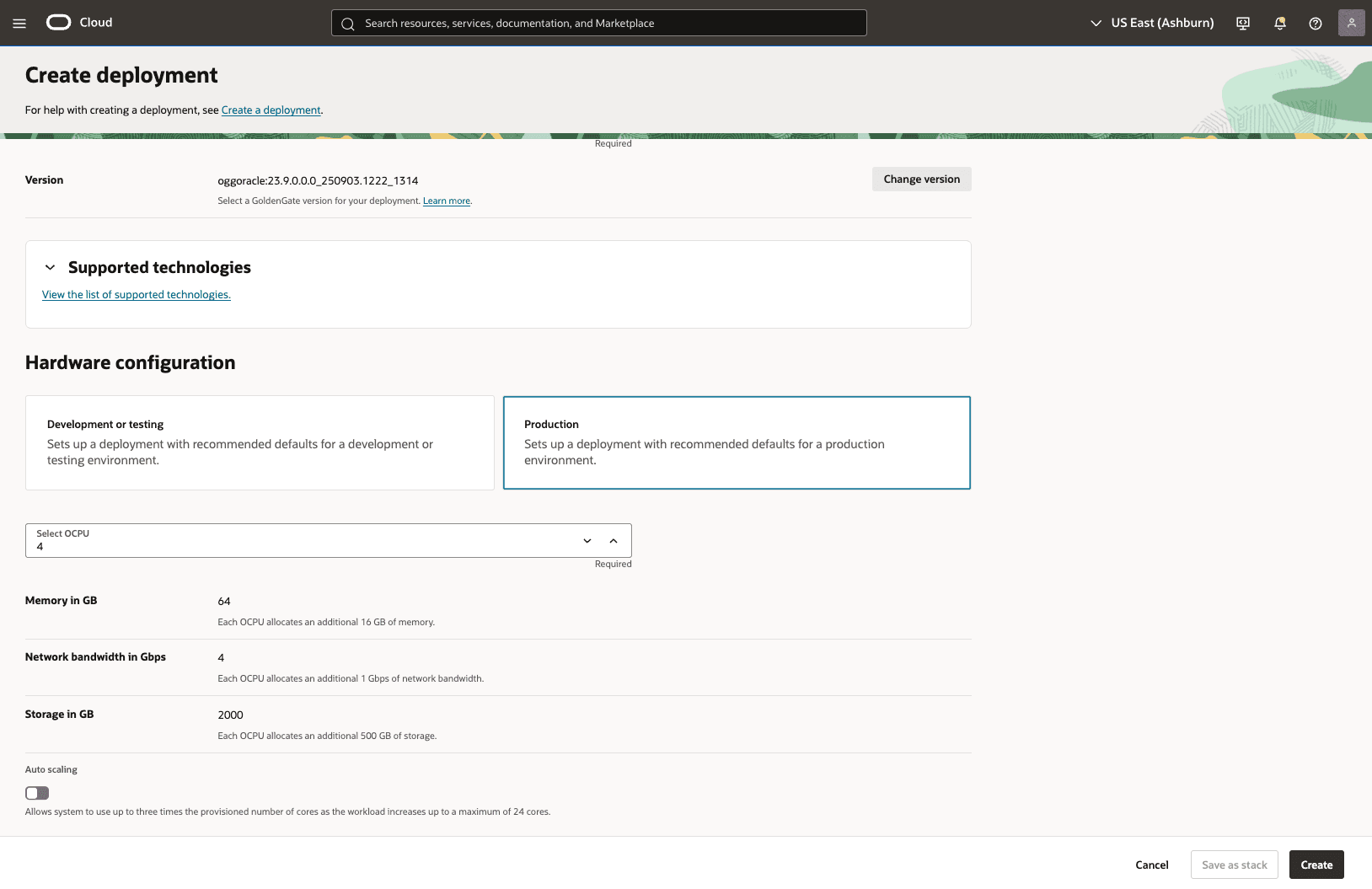 This screenshot shows how to create GoldenGate deployment.