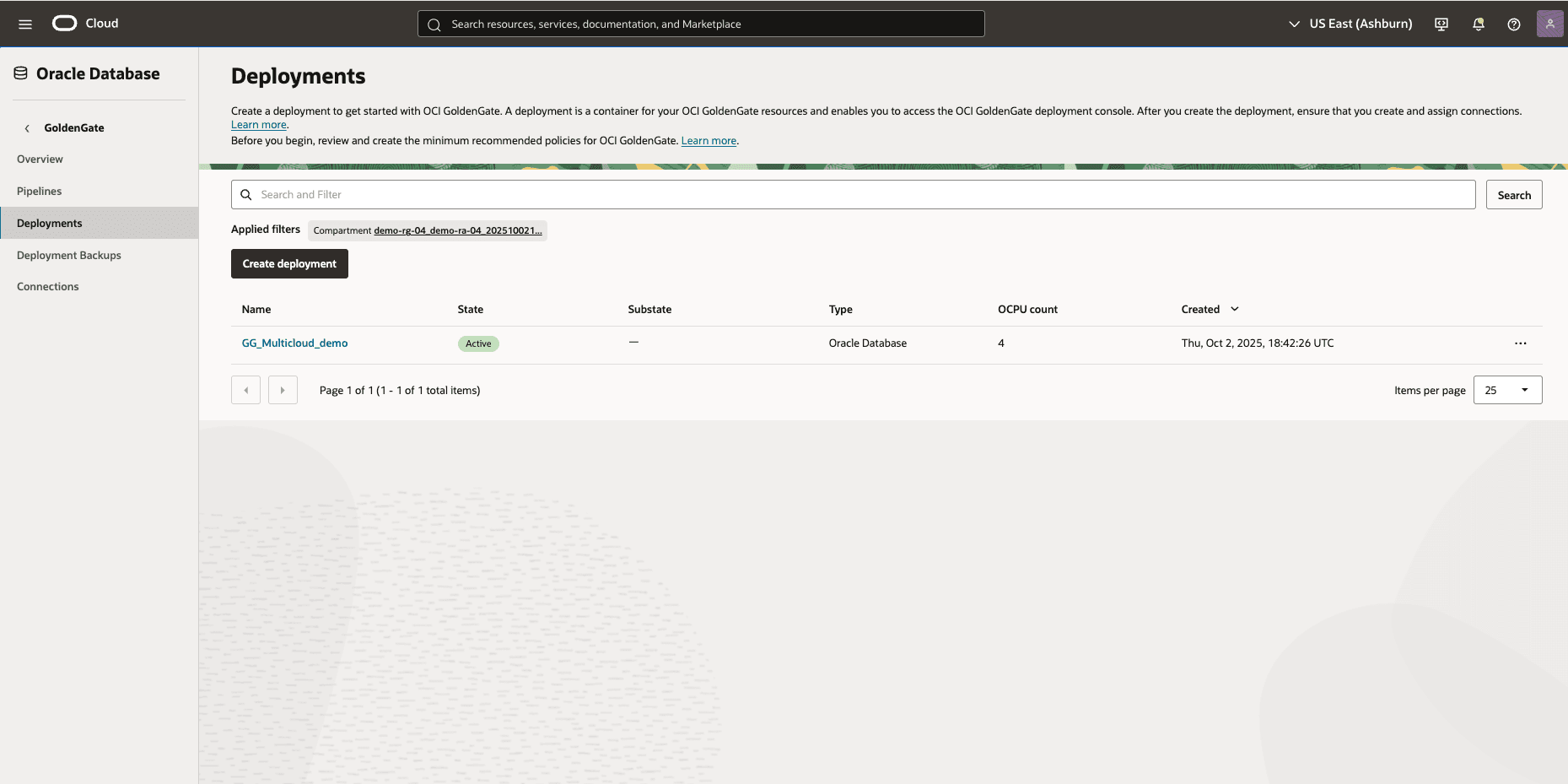This screenshot shows how to create GoldenGate deployment.