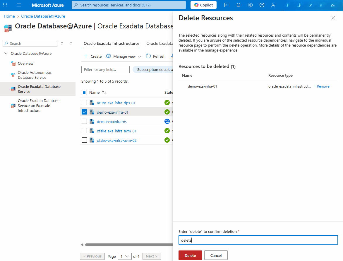 This screenshot shows the step of deleting an Exadata Infrastructure.