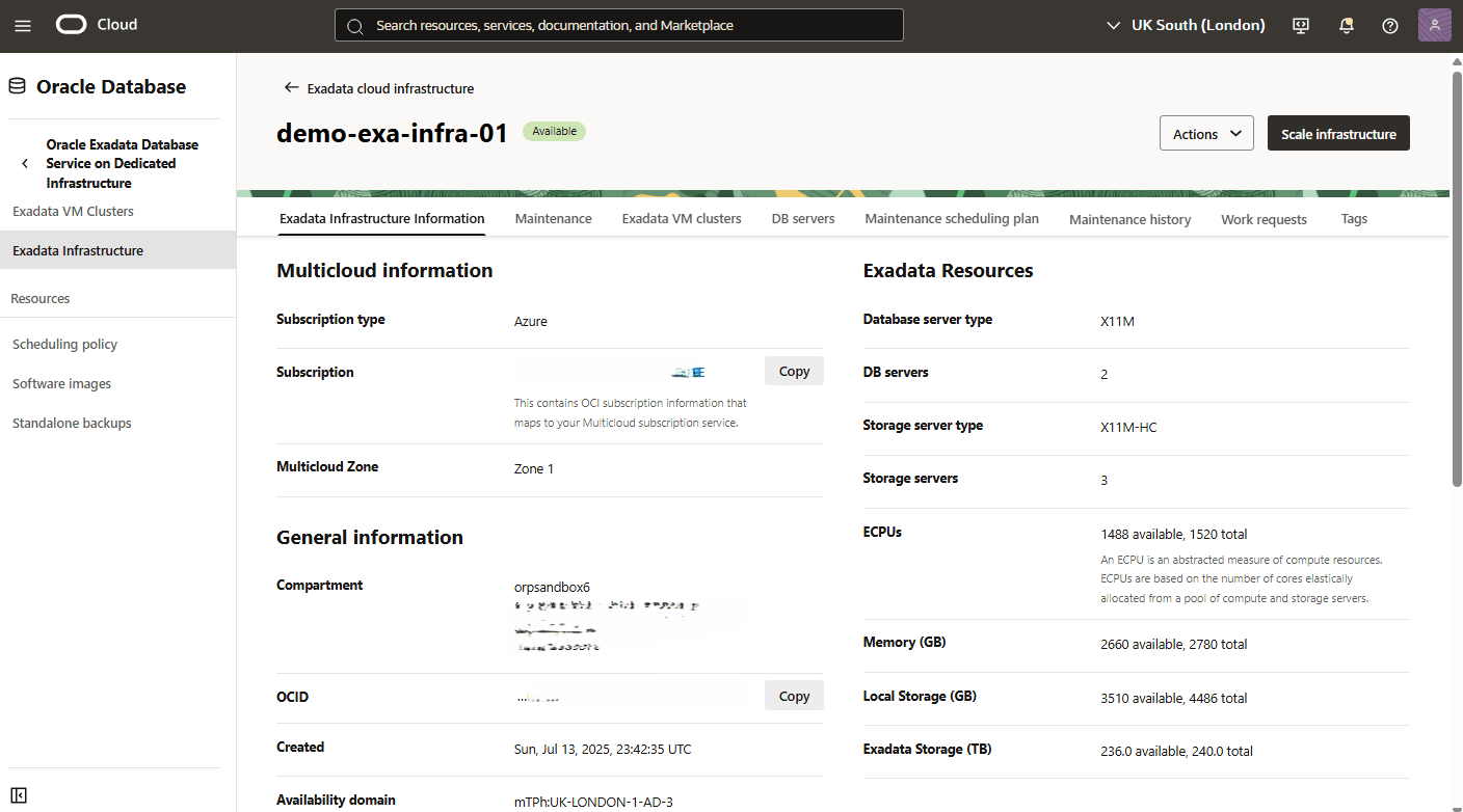 This screenshot shows how to scale an Exadata Infrastructure.