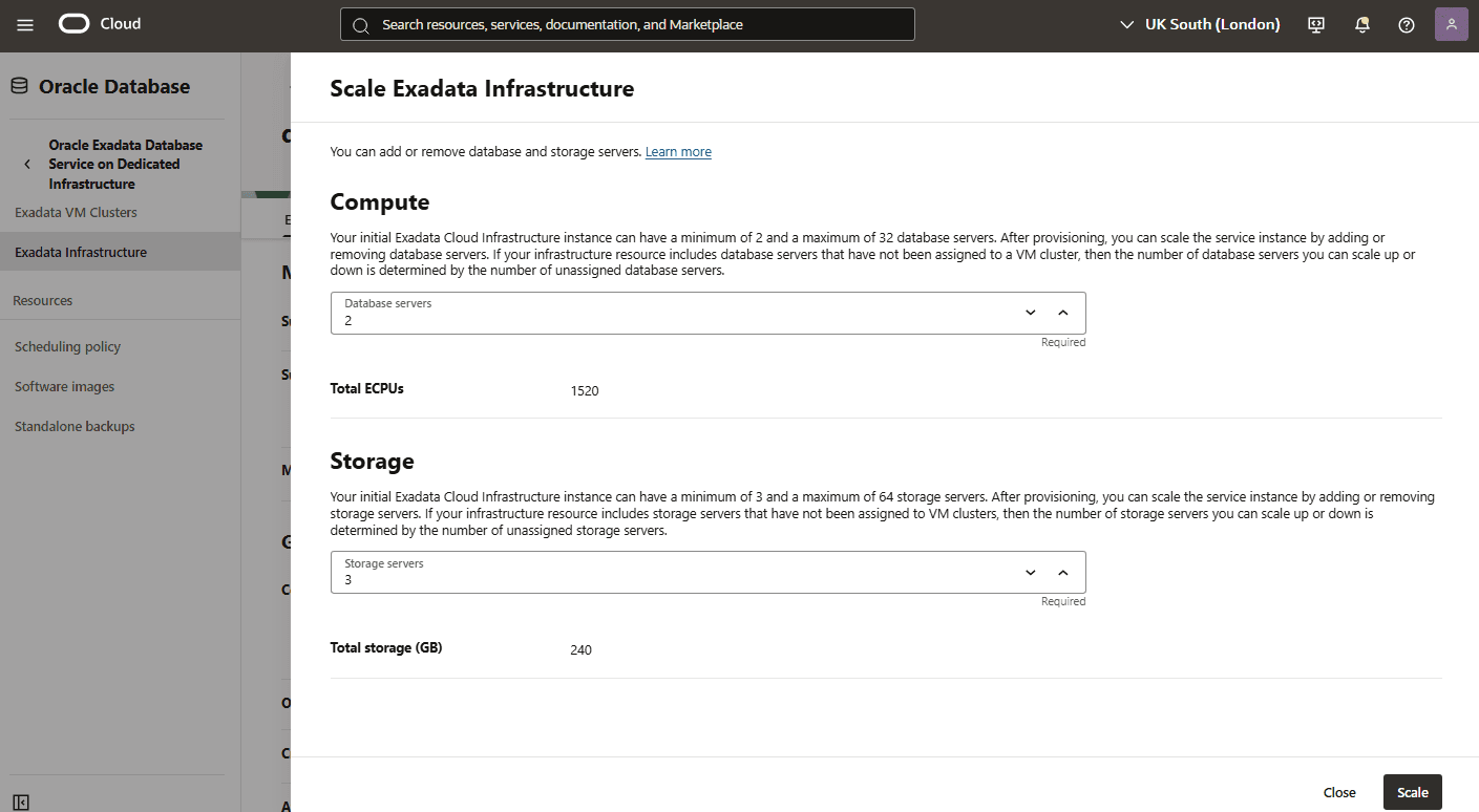 This screenshot shows how to scale an Exadata Infrastructure.