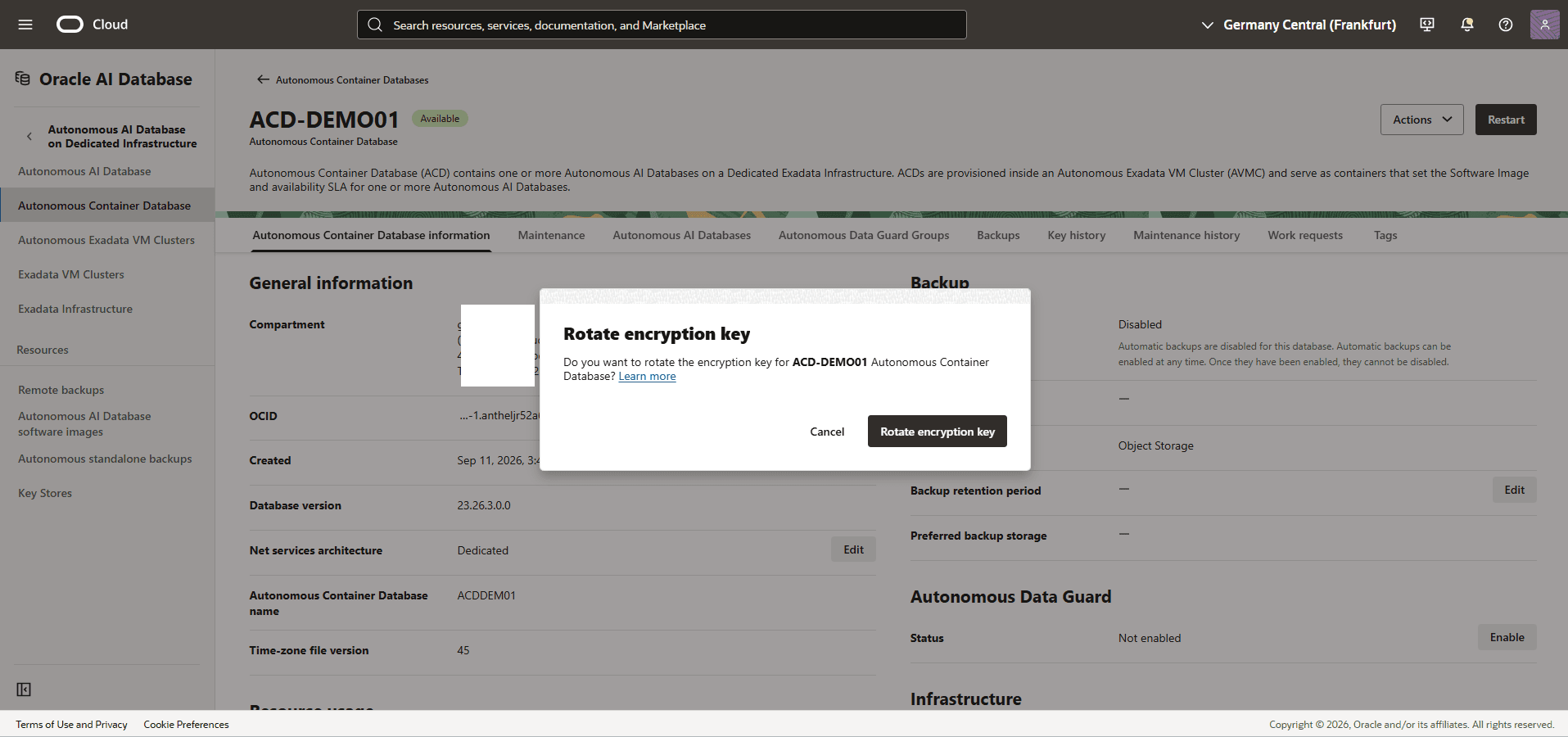This screenshot shows how to rotate the encryption key.