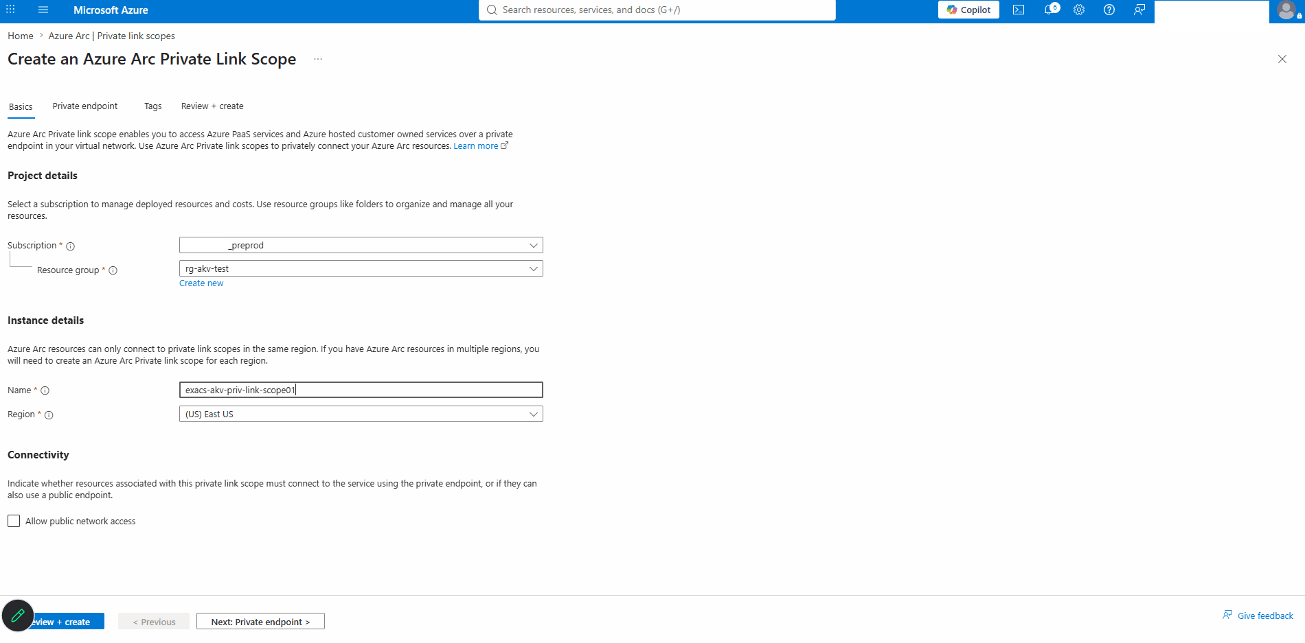 This screenshot shows how to create Azure Arc Private Link Scopes.
