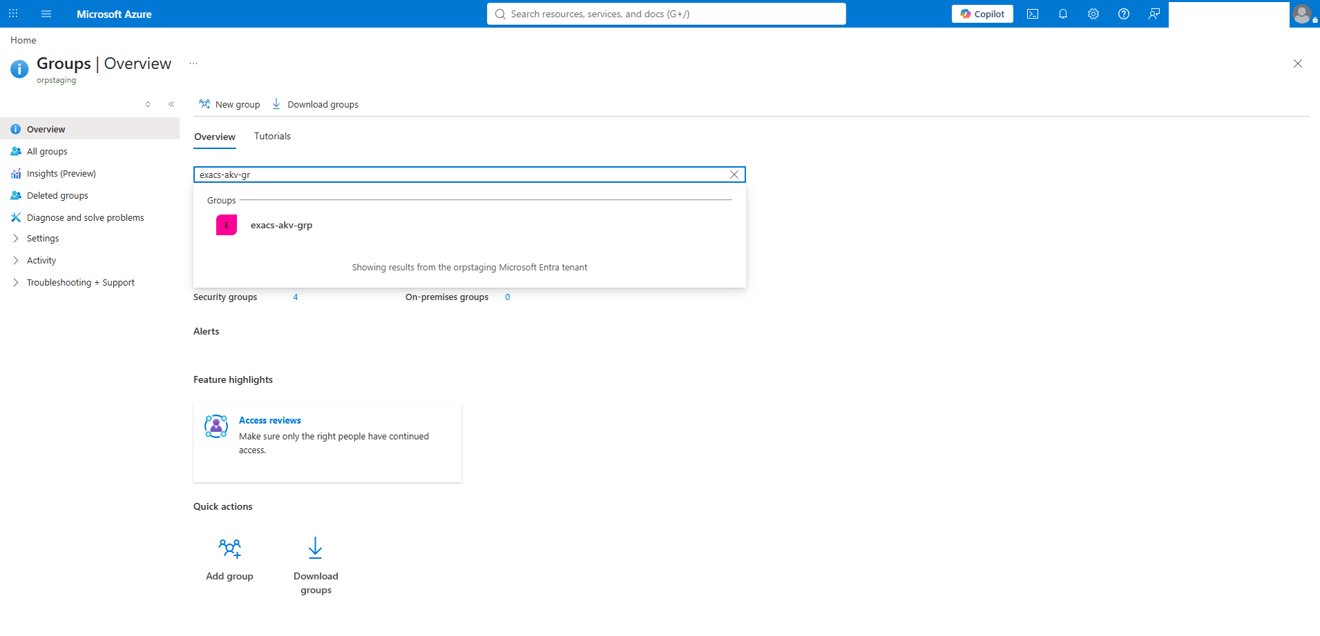 This screenshot shows how to locate the group in Microsoft Entra ID.