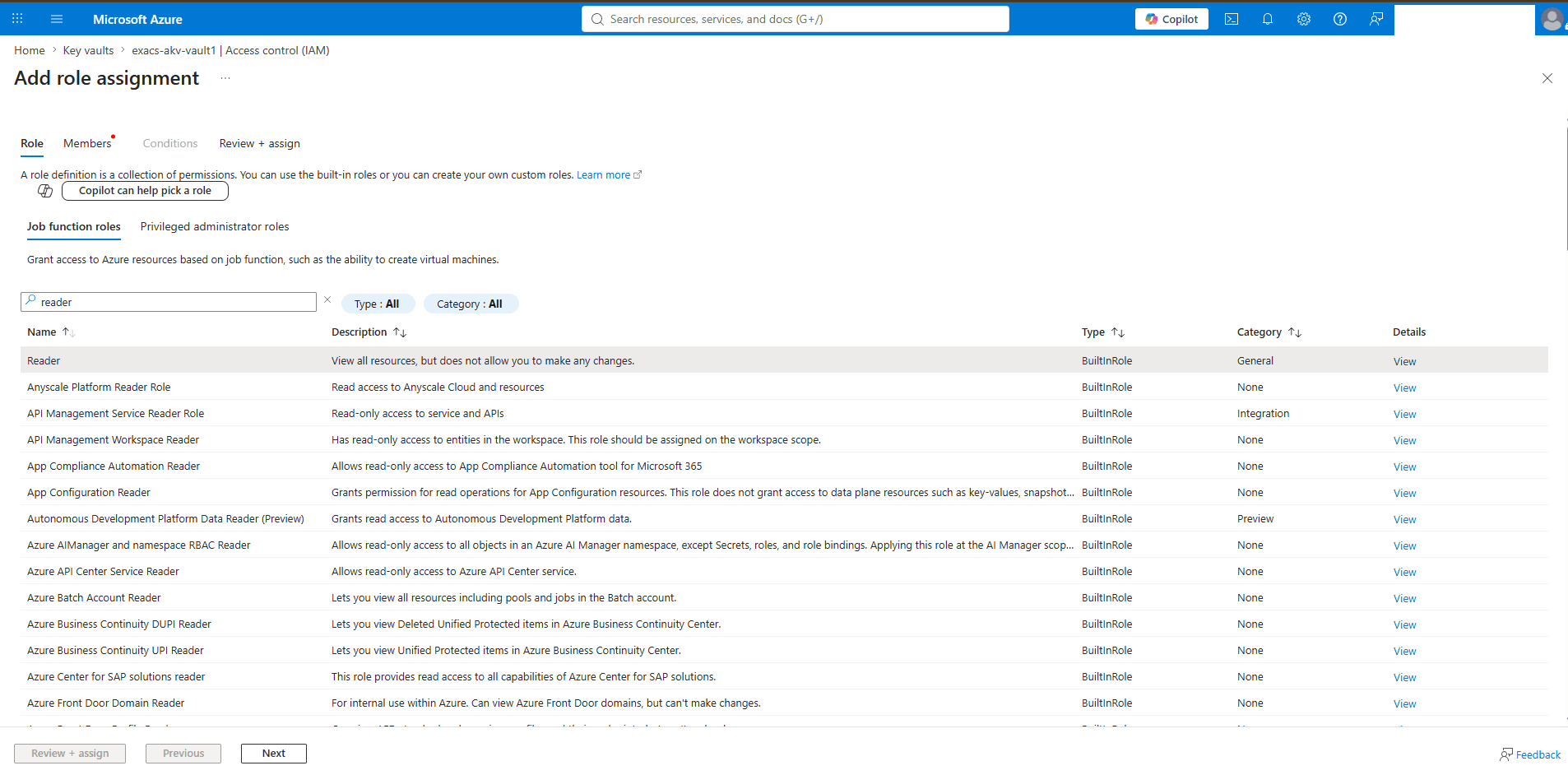 This screenshot shows the Reader role selection.