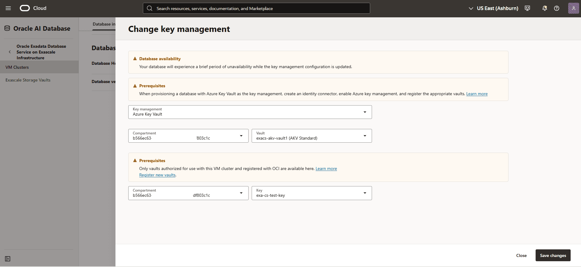 This screenshot shows how to change the key management.