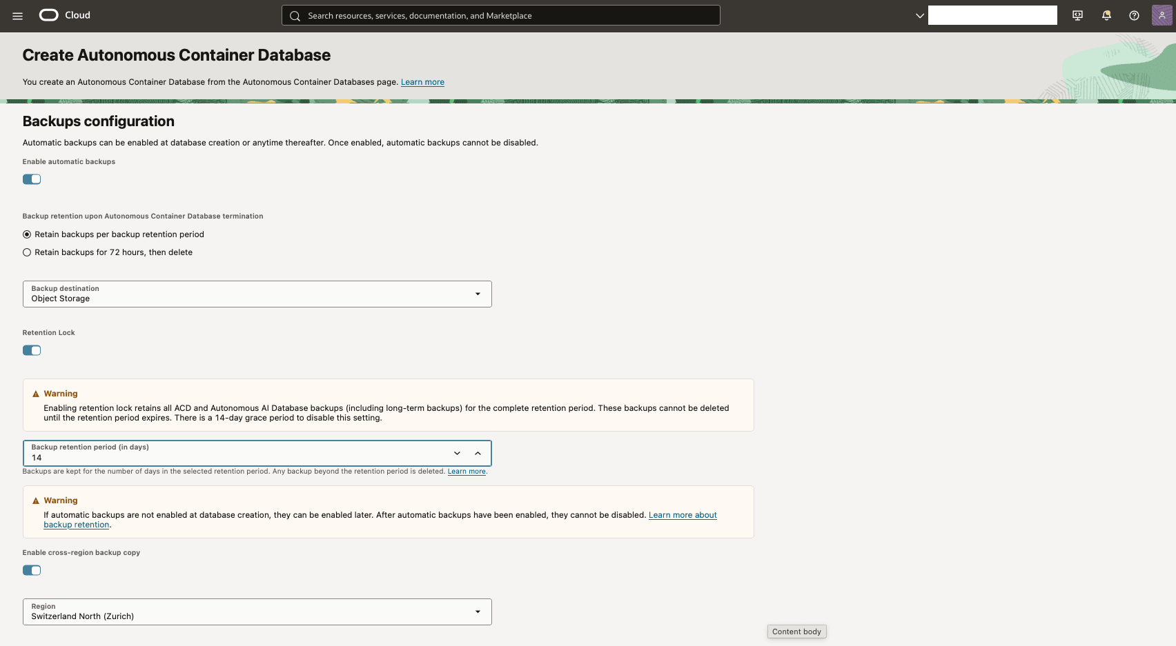 This is screenshot shows how to backup your Autonomous Container Database.