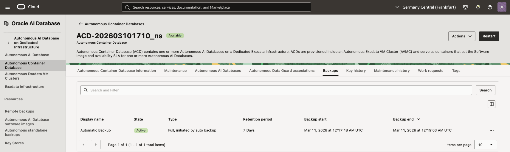 This is screenshot shows how to backup your Autonomous Container Database.