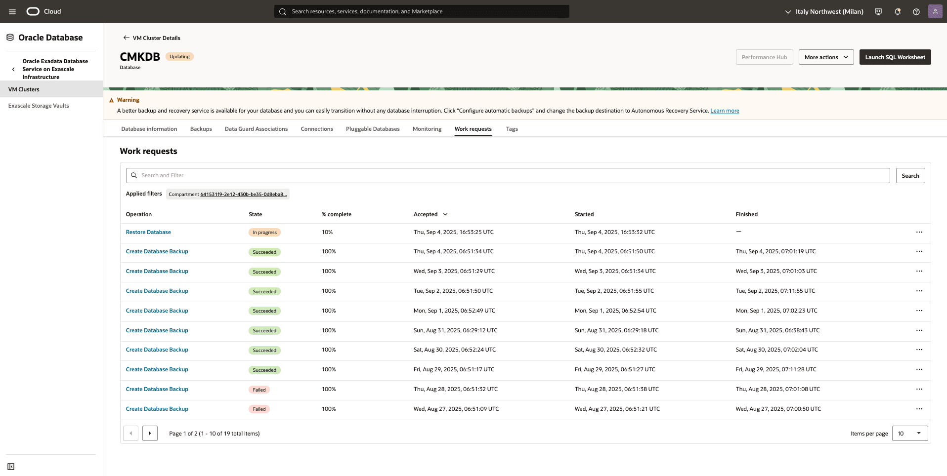This screenshot shows how to perform a point-in-time restore on the Container Database in the OCI console.