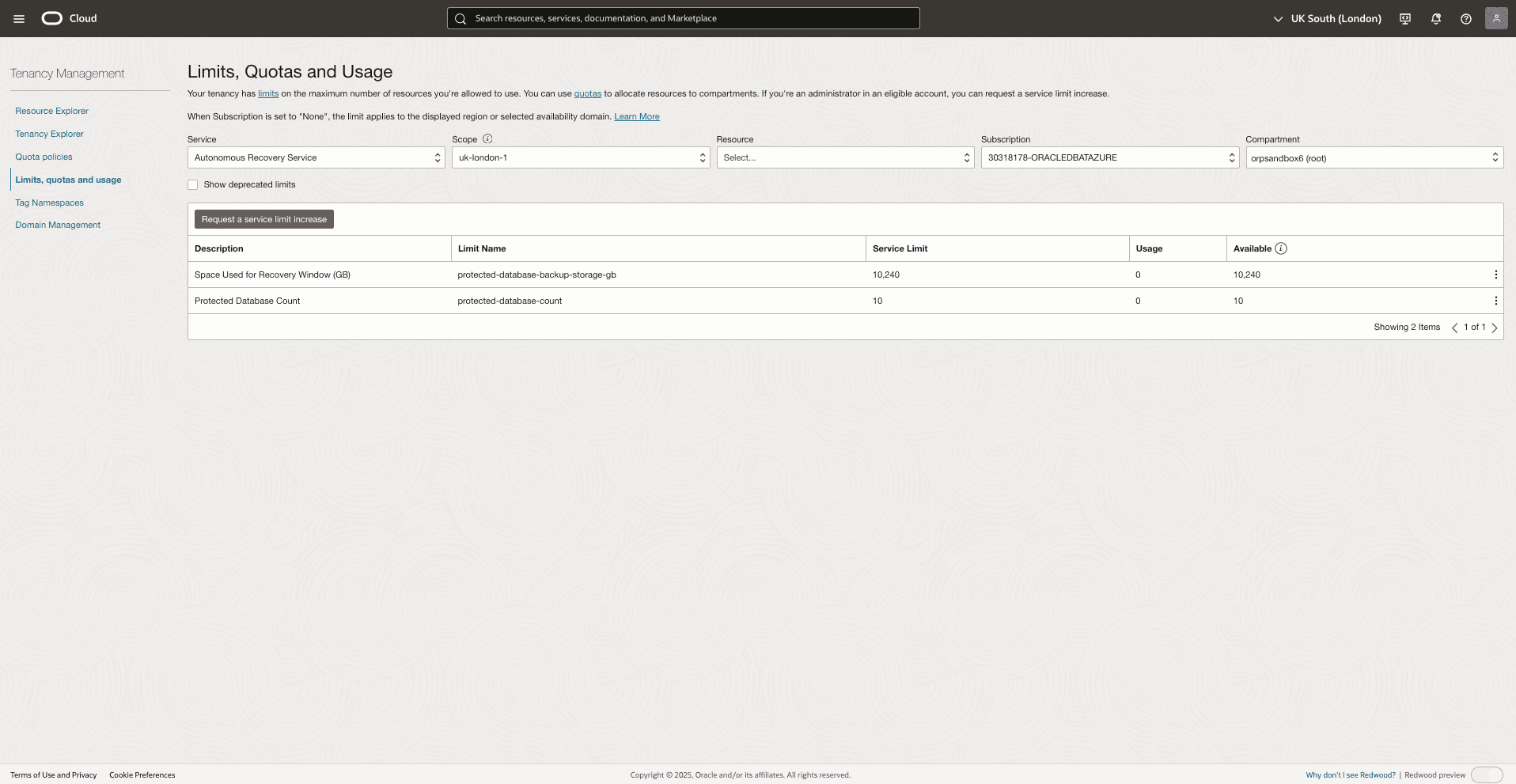 This screenshot shows how to check limits, quotas and usage.