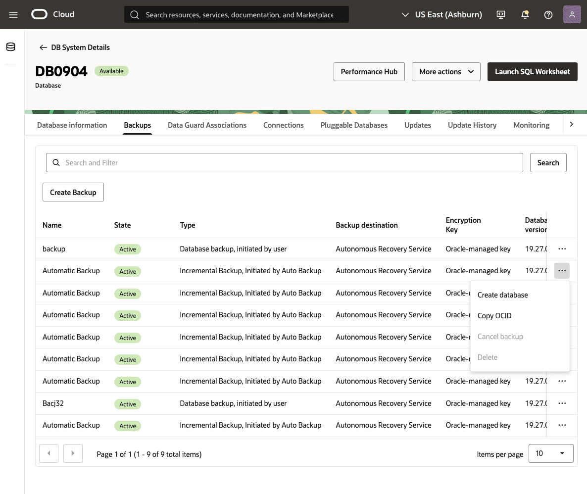 This screenshot shows how to restore a database from automatic or manual backup.