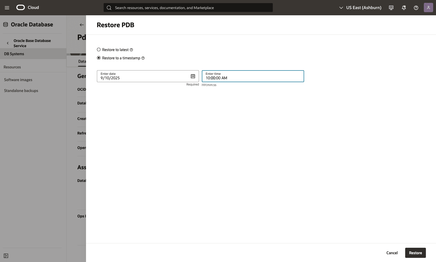 This screenshot shows perform point-in-time restore on Pluggable Database.
