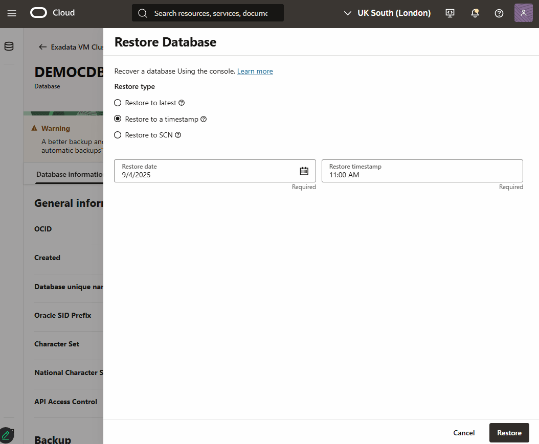 This screenshot shows how to restore a database.