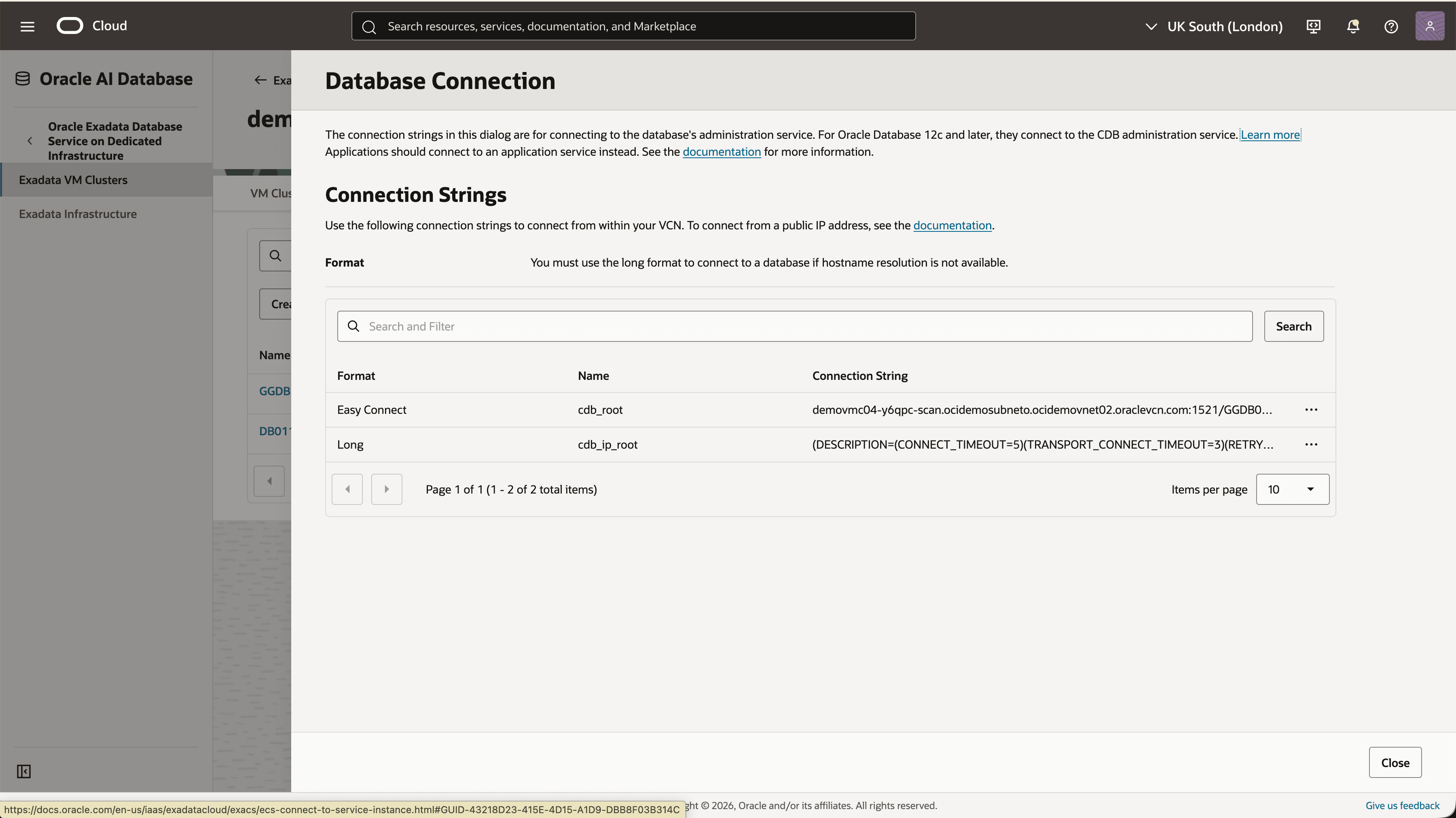 This screenshot shows how to obtain connection string information.