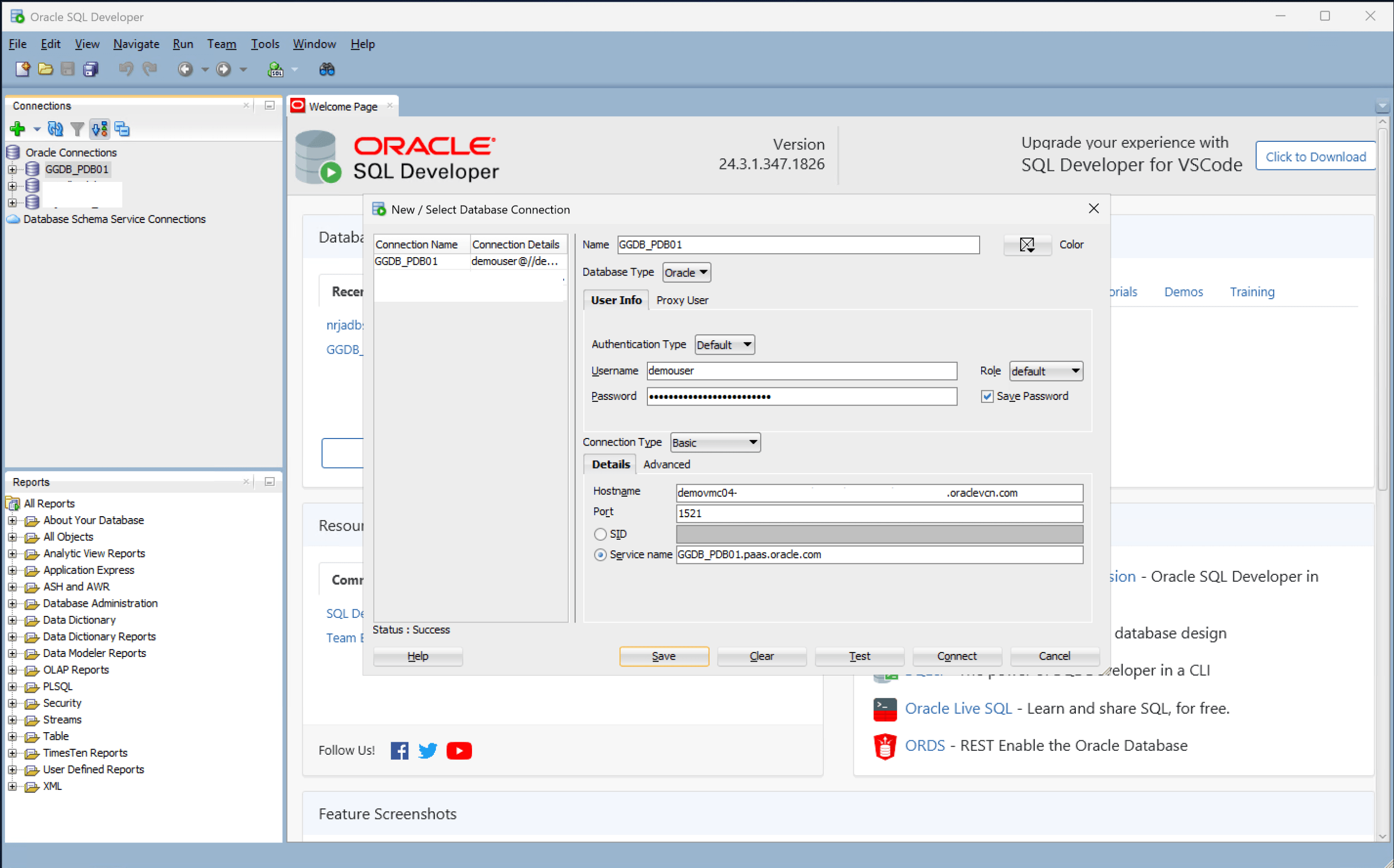 This screenshot shows how to connect to Exascale Database.
