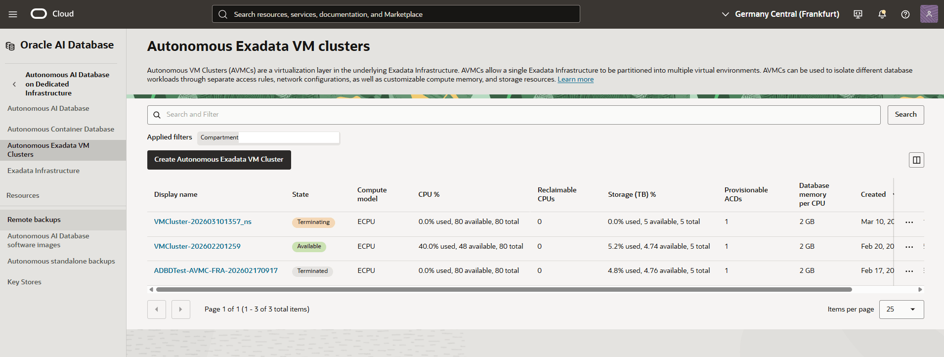 This screenshot shows how to navigate to your Autonomous Exadata VM Cluster.