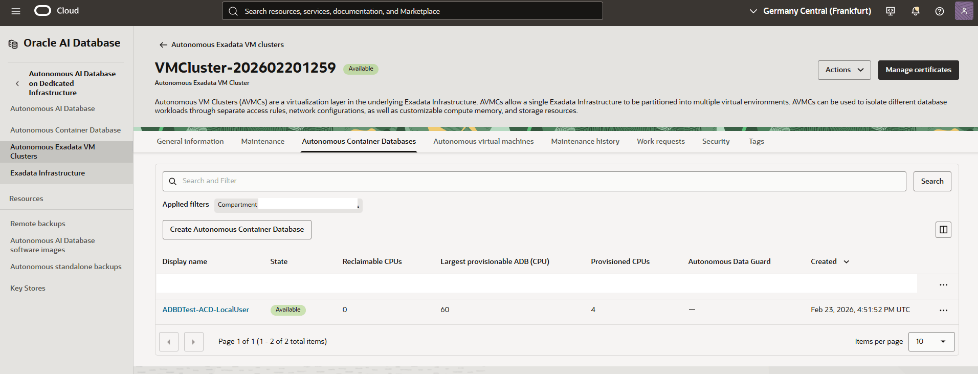 This screenshot shows how to navigate to your Autonomous Exadata VM Cluster.