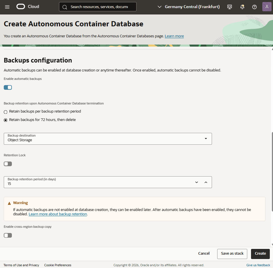 This screenshot shows how to create an Autonomous Container Database.