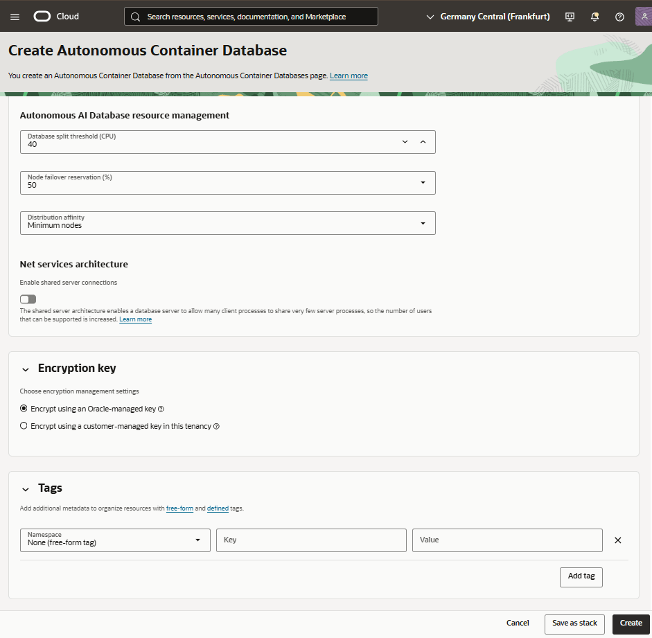 This screenshot shows how to create an Autonomous Container Database.