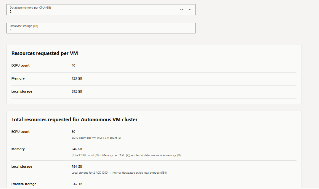 This screenshot shows how to create an Autonomous Exadata VM Cluster.