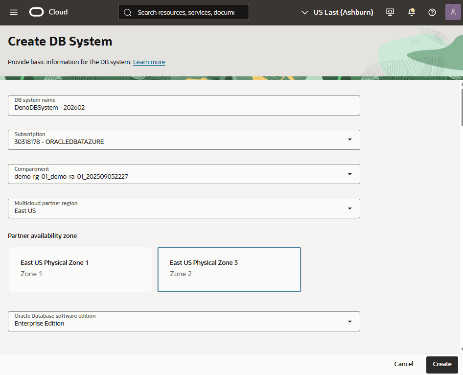 This screenshot shows how to create a Base Database from the OCI console.