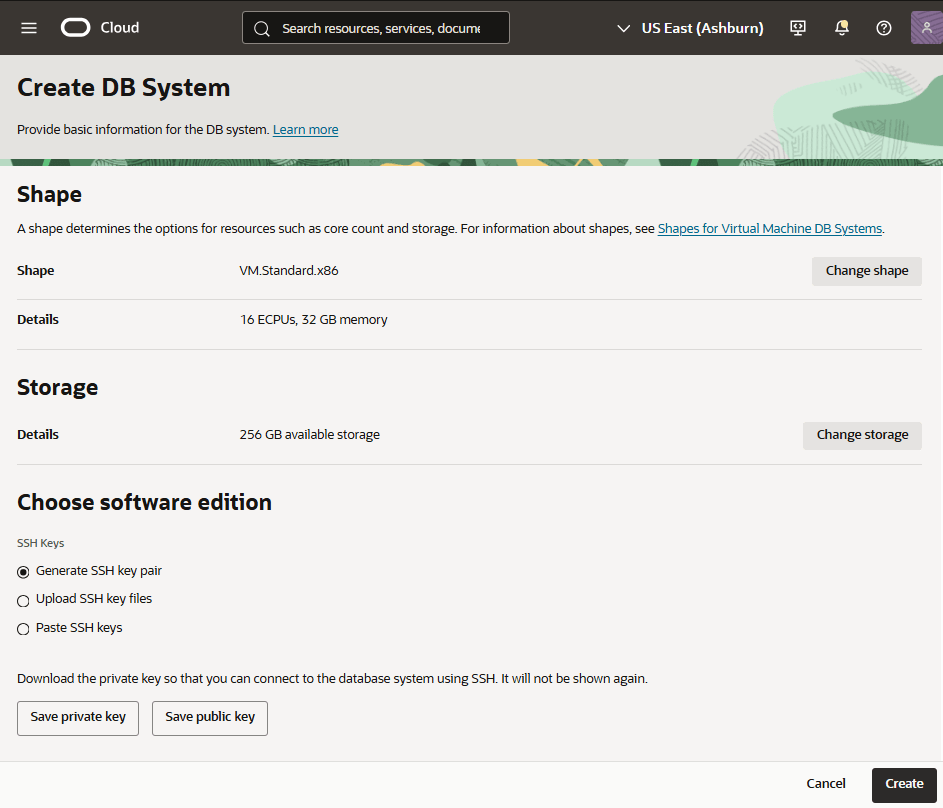 This screenshot shows how to create a Base Database from the OCI console.