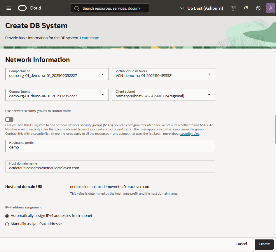 This screenshot shows how to create a Base Database from the OCI console.