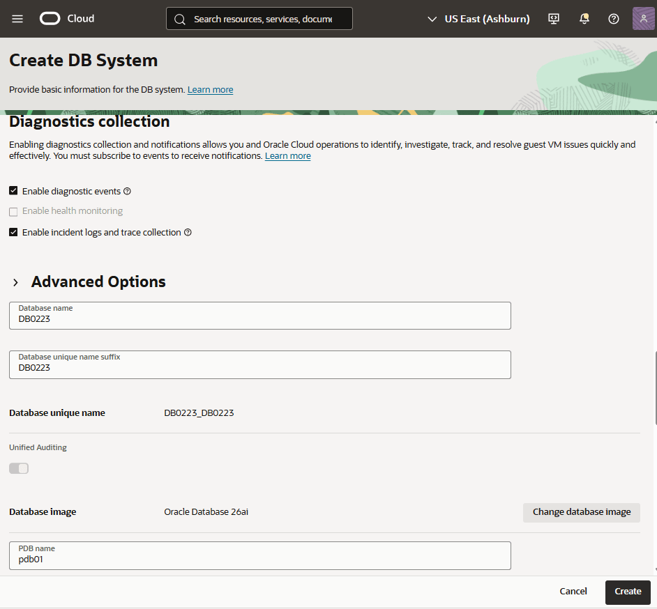 This screenshot shows how to create a Base Database from the OCI console.
