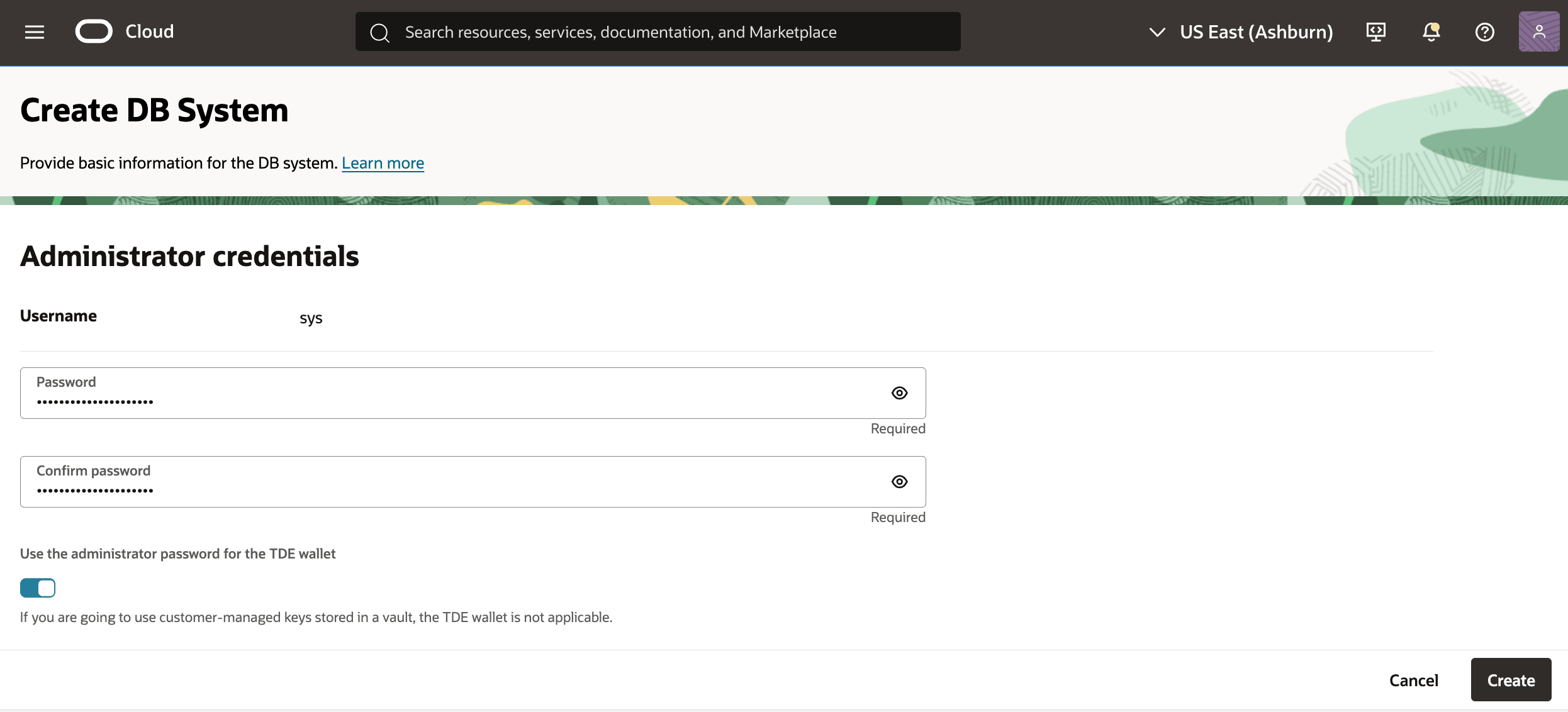 This screenshot shows how to create a Base Database from the OCI console.