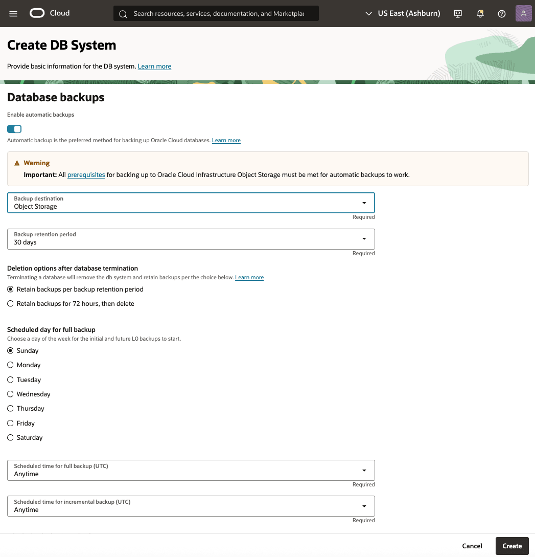 This screenshot shows how to create a Base Database from the OCI console.
