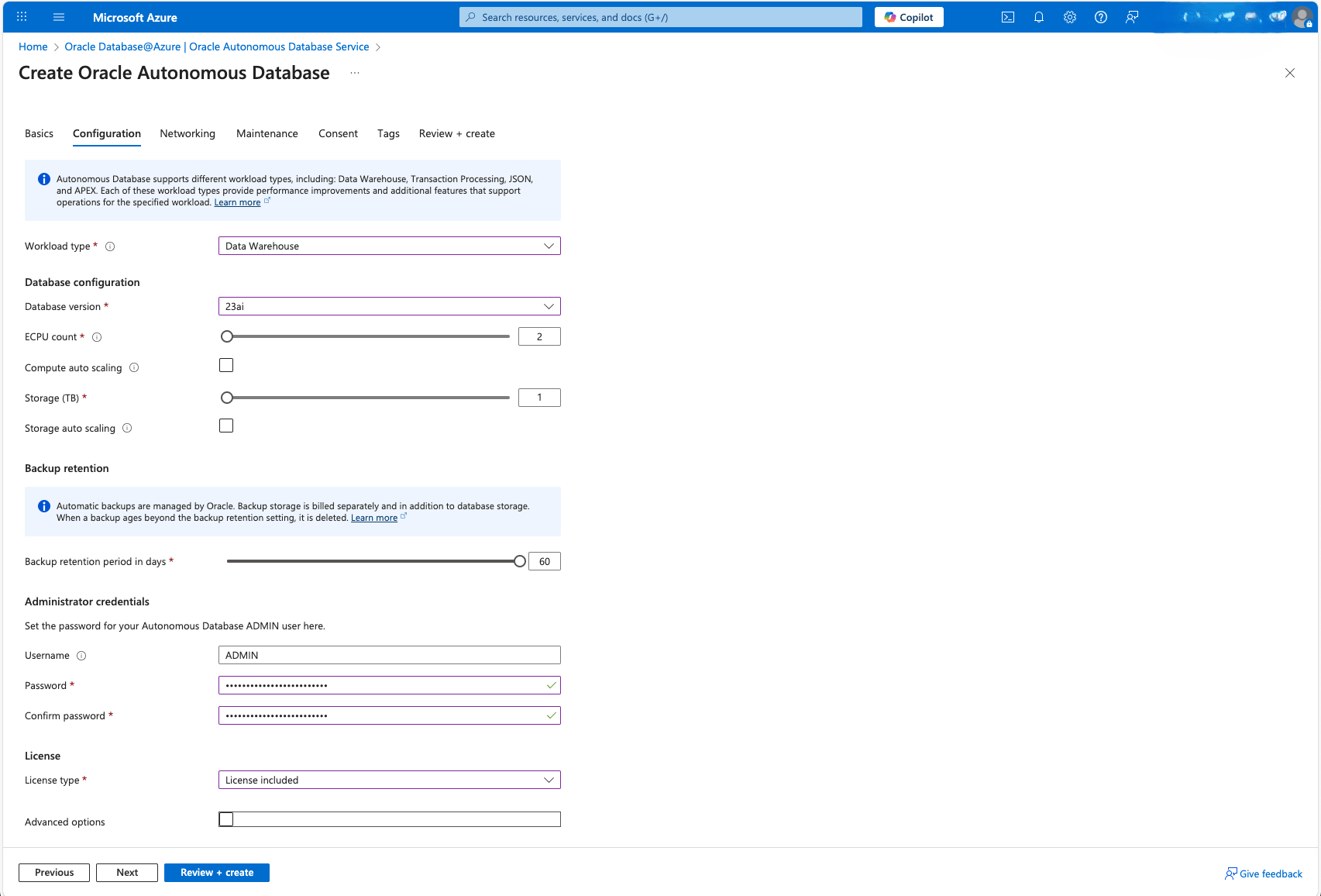 This screenshot shows the second part of creating an Autonomous Database.