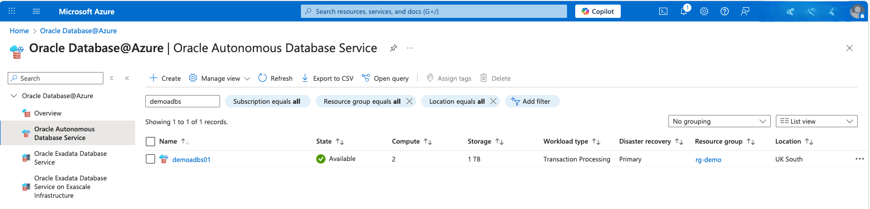 This screenshot shows the last part of creating an Autonomous Database.