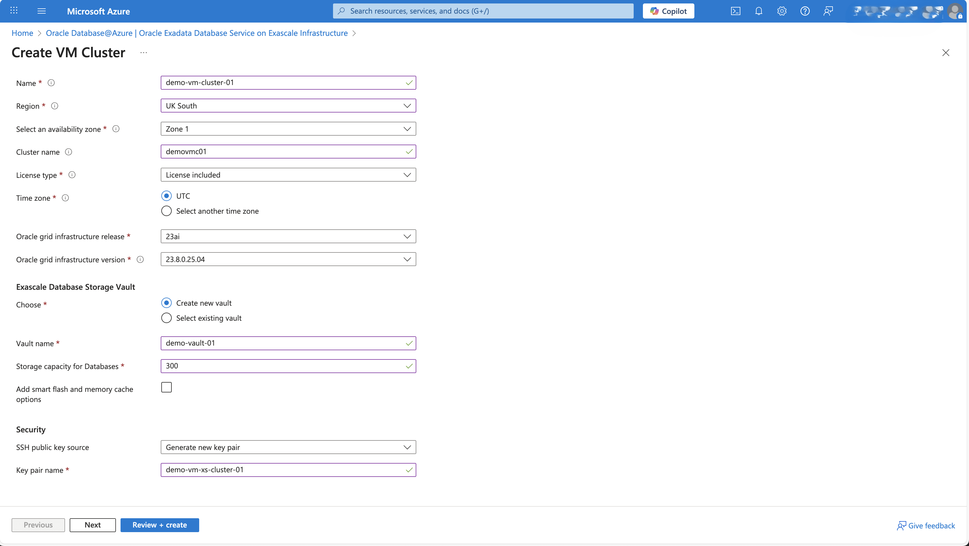 This screenshot shows the first part of creating an Exascale VM Cluster. This screenshot shows the first part of creating an Exascale VM Cluster.