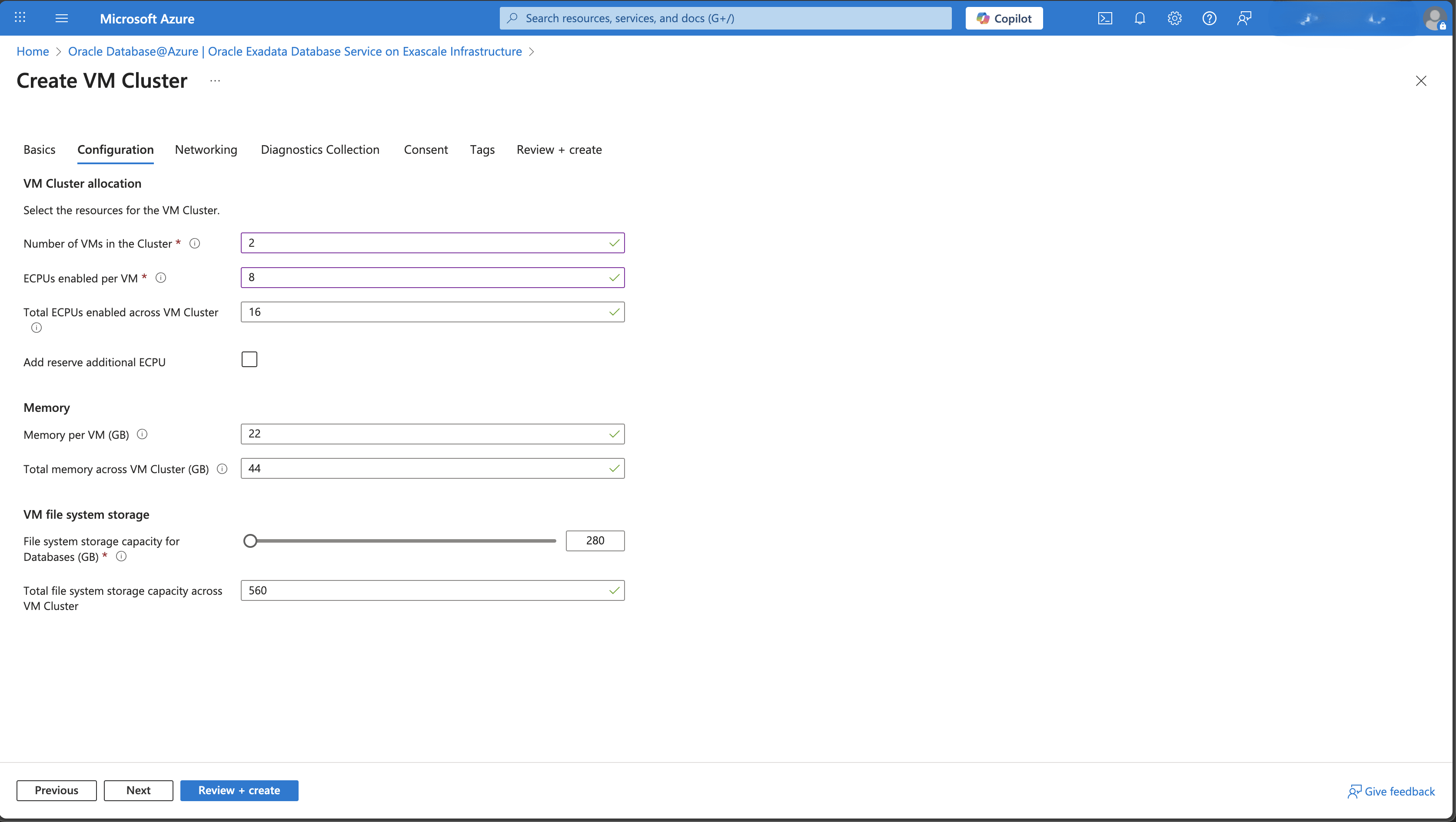 This screenshot shows the second part of creating an Exascale VM Cluster. This screenshot shows the second part of creating an Exascale VM Cluster.