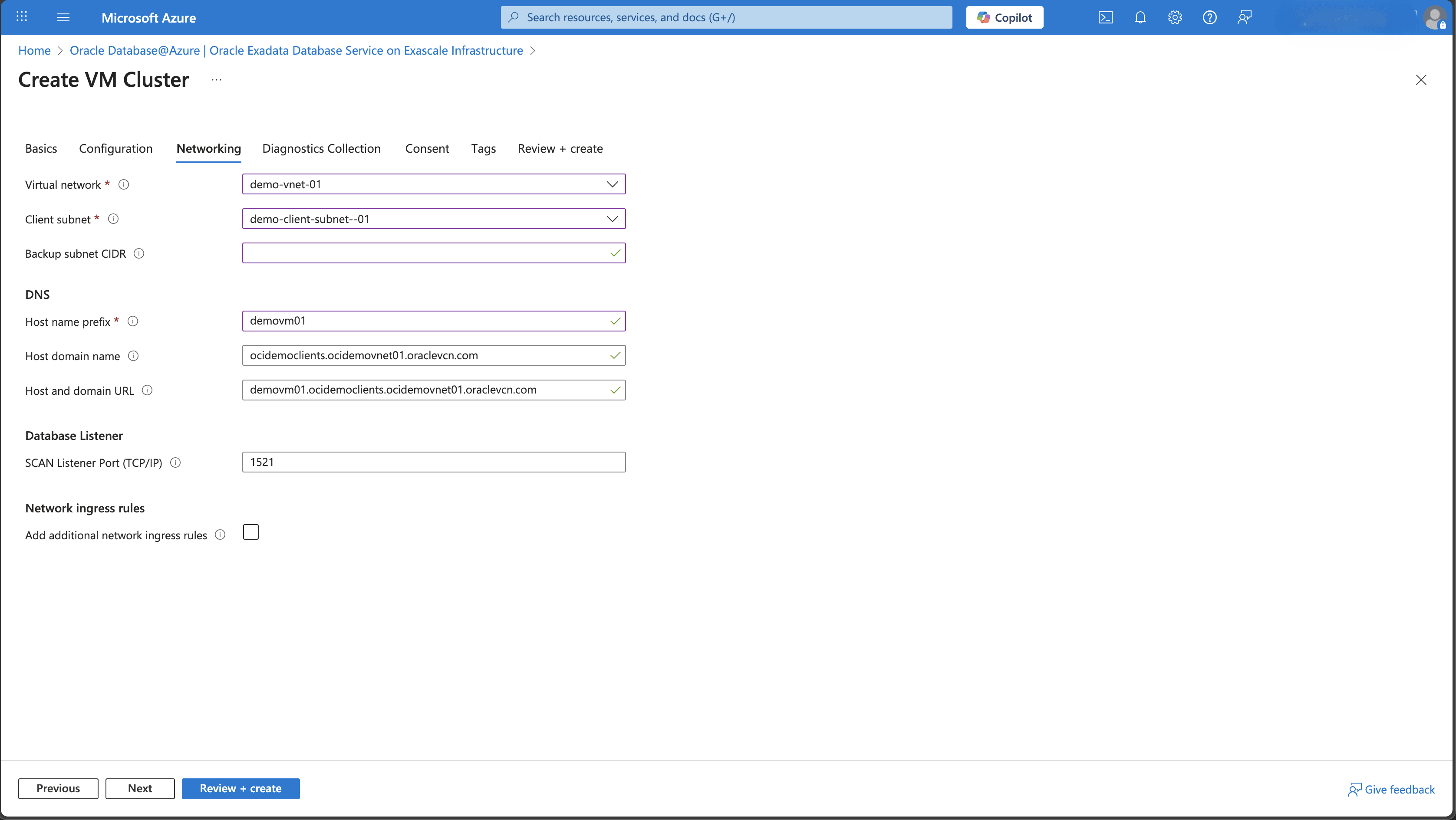 This screenshot shows the third part of creating an Exascale VM Cluster. This screenshot shows the third part of creating an Exascale VM Cluster.