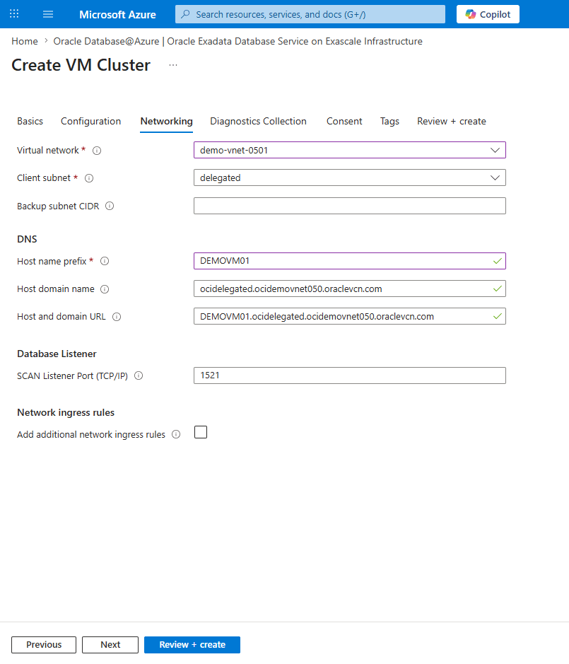 This screenshot shows the third part of creating an Exascale VM Cluster.