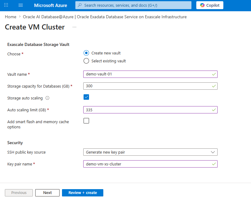 This screenshot shows the first part of creating an Exascale VM Cluster.