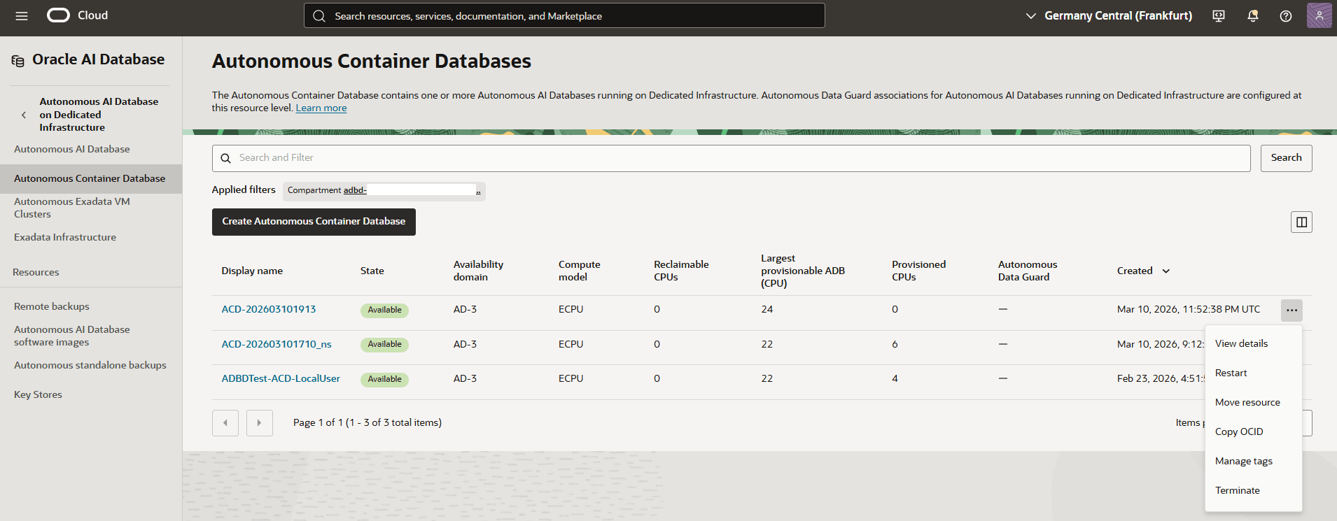 Autonomous AI Database (Dedicated)