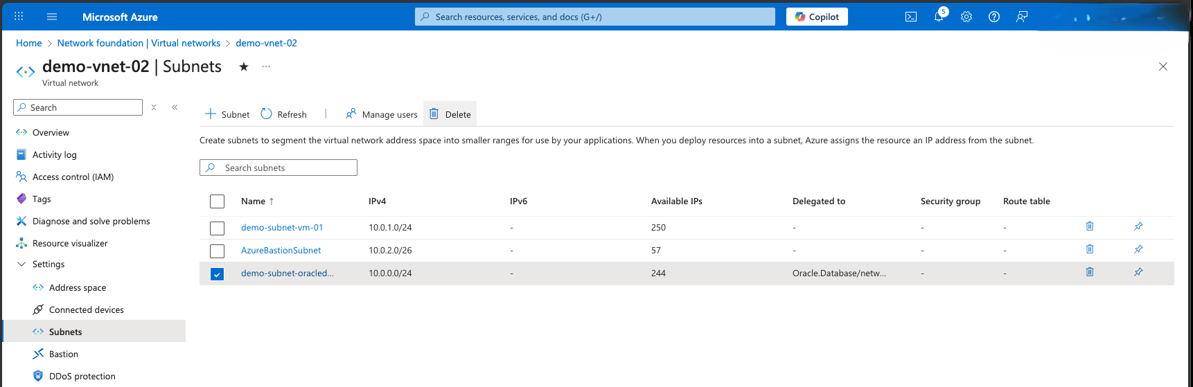 This screenshot shows how to delete a delegated subnet.