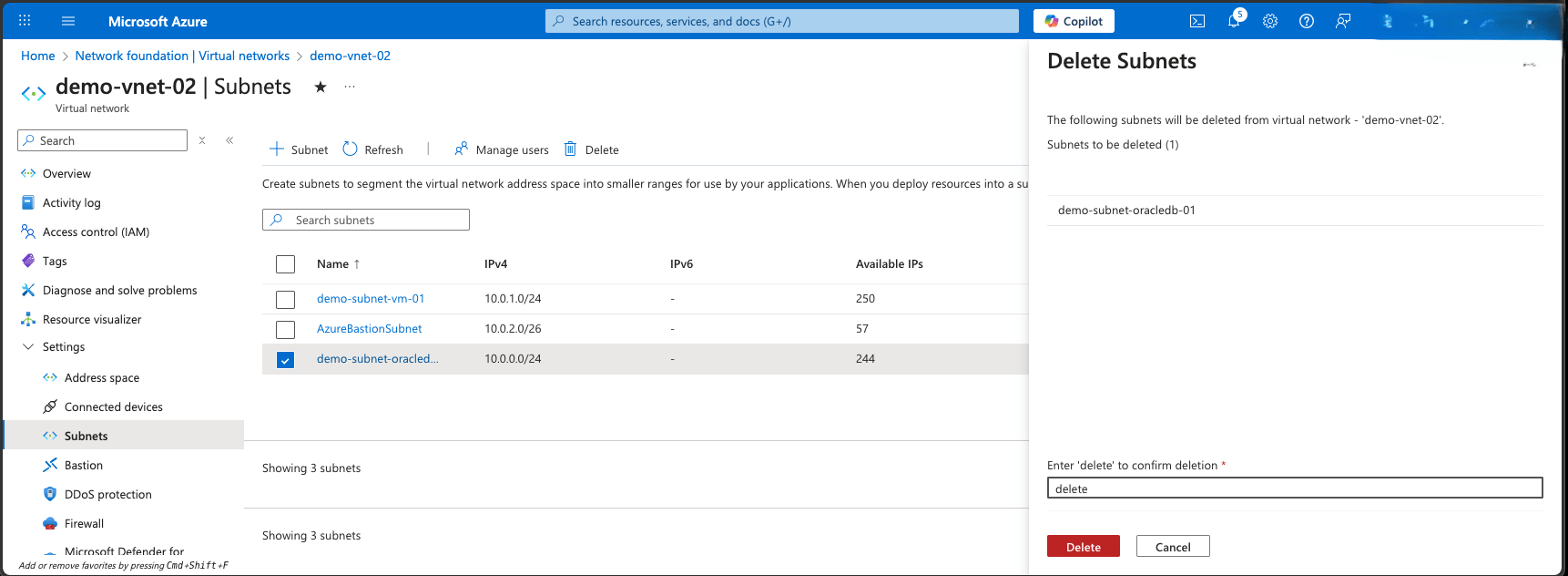 This screenshot shows how to delete a delegated subnet.