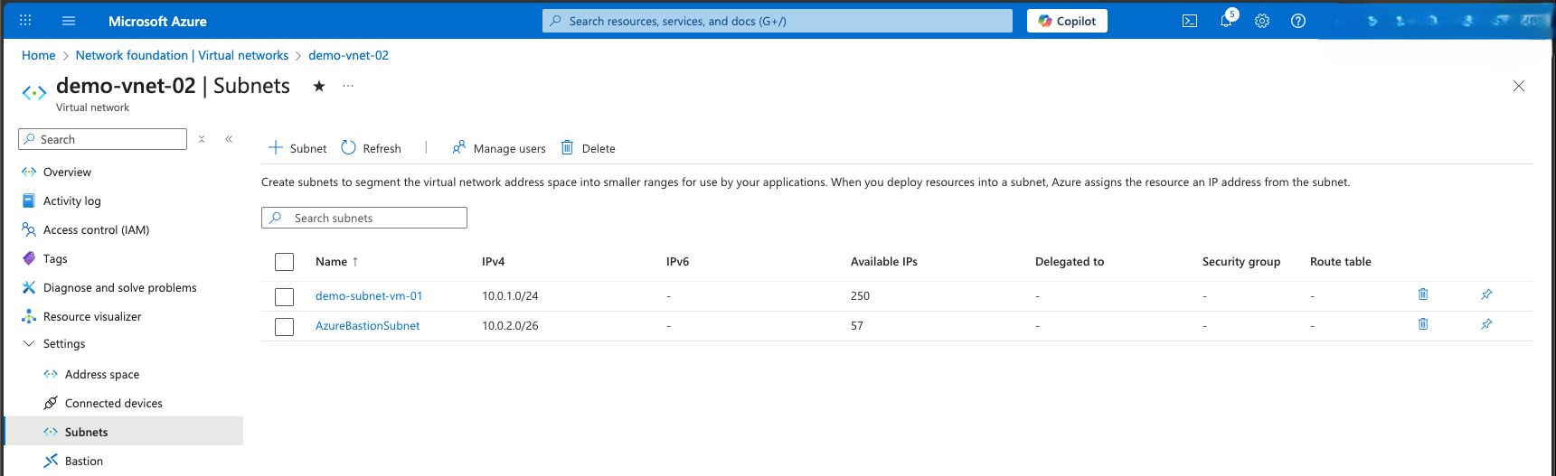 This screenshot shows how to delete a delegated subnet.