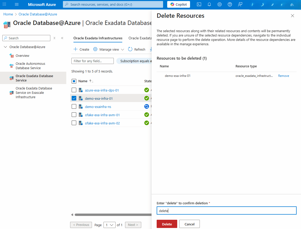 This screenshot shows the step of deleting an Exadata Infrastructure.
