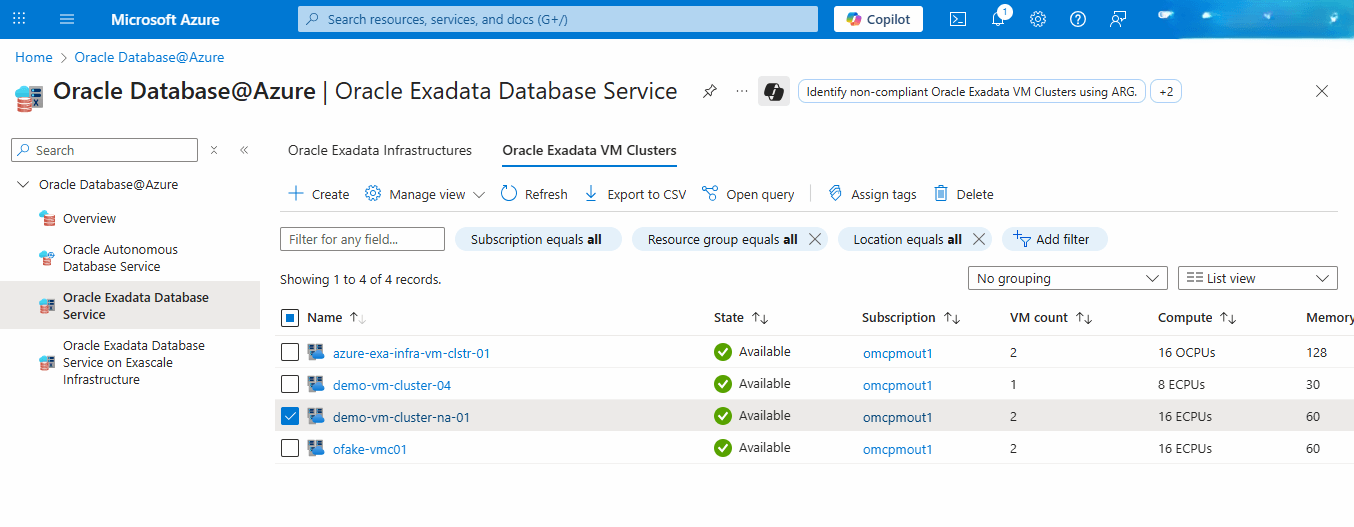 This screenshot shows how to delete an Exadata VM Cluster.