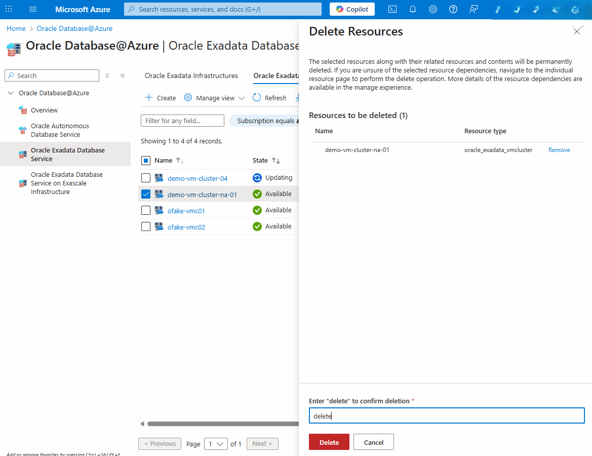 This screenshot shows how to delete an Exadata VM Cluster.