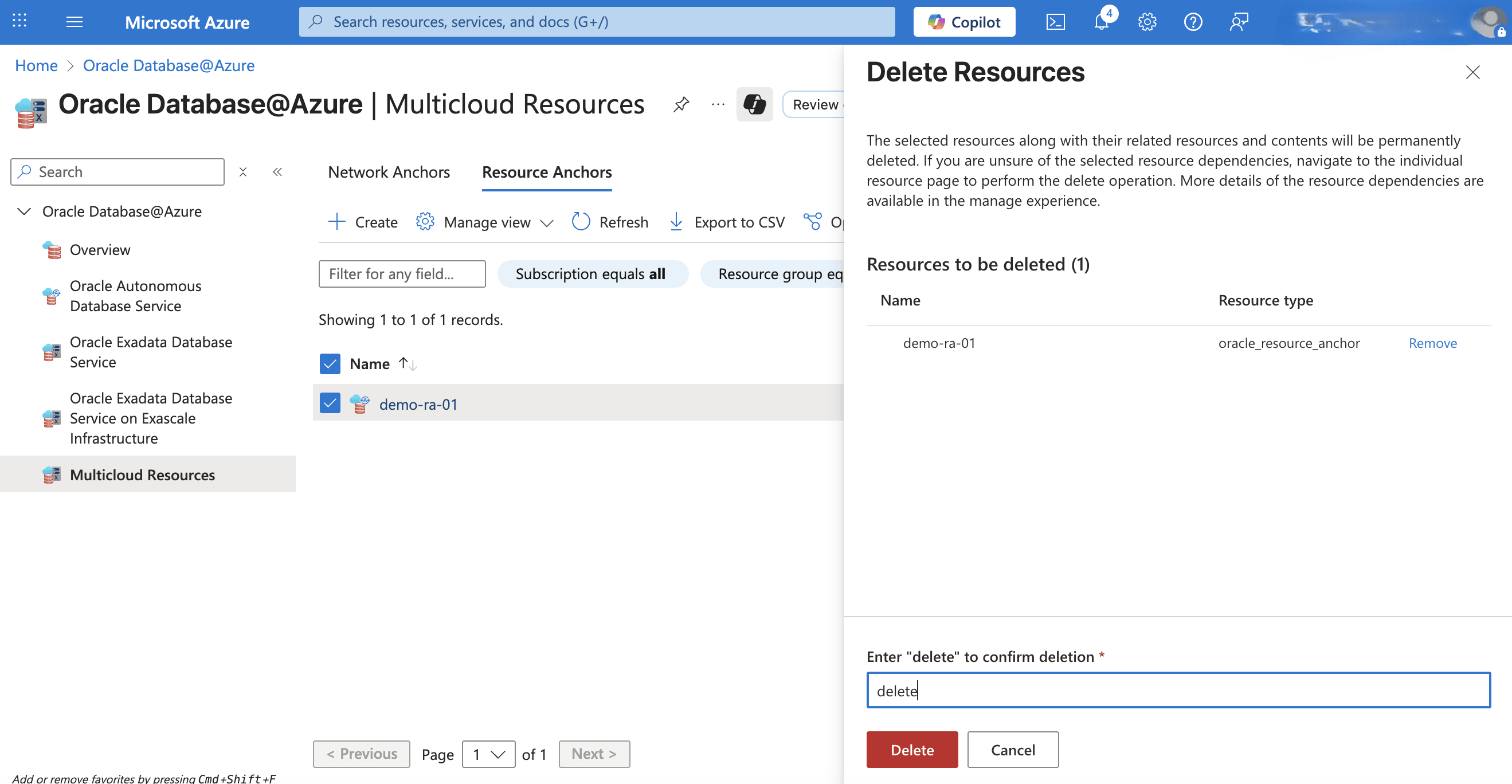 This screenshot shows how to delete a resource anchor.