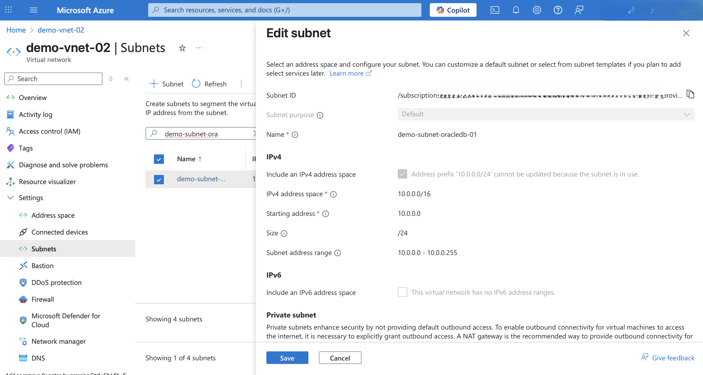 This screenshot shows how to modify a delegated subnet.