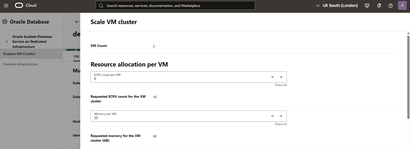 This screenshot shows the third step to scale an Exadata VM Cluster.